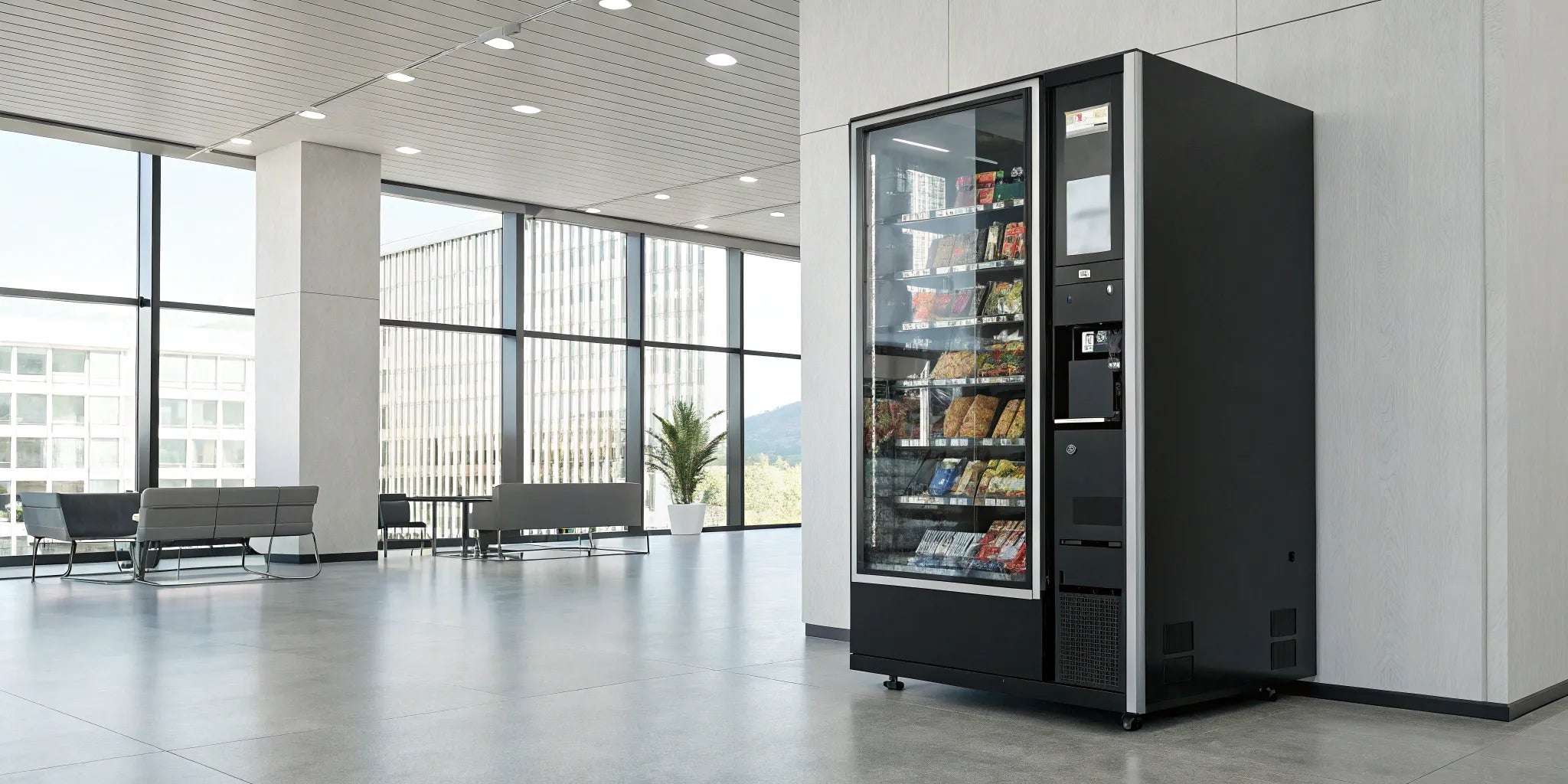 Combo vending machine offering diverse snacks and drinks.