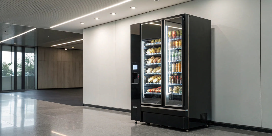 Smart vending machine stocked with various products.