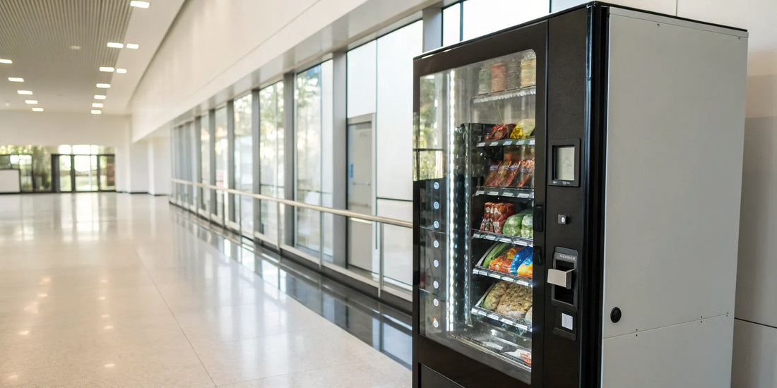 Modern vending machine stocked with snacks and drinks.