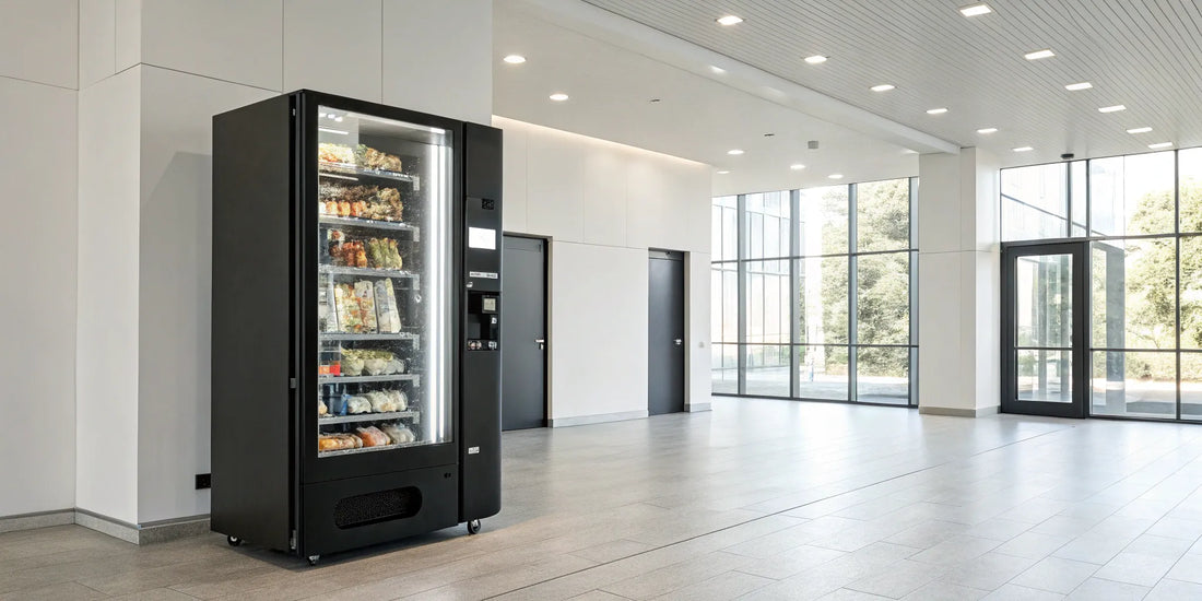 Smart combo vending machine with snacks and drinks in a modern office lobby.