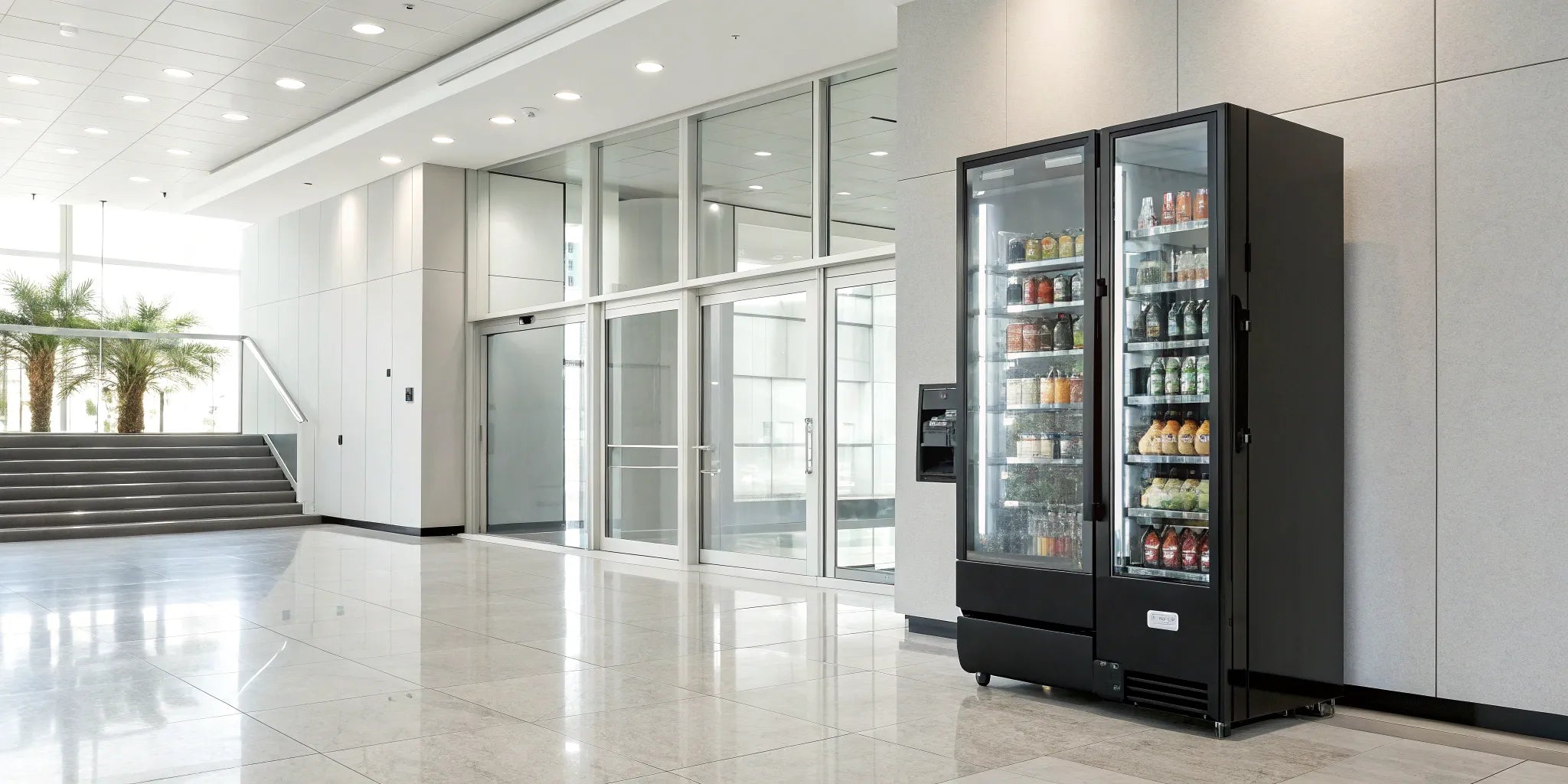 Modern vending machine stocked with various snacks and drinks.