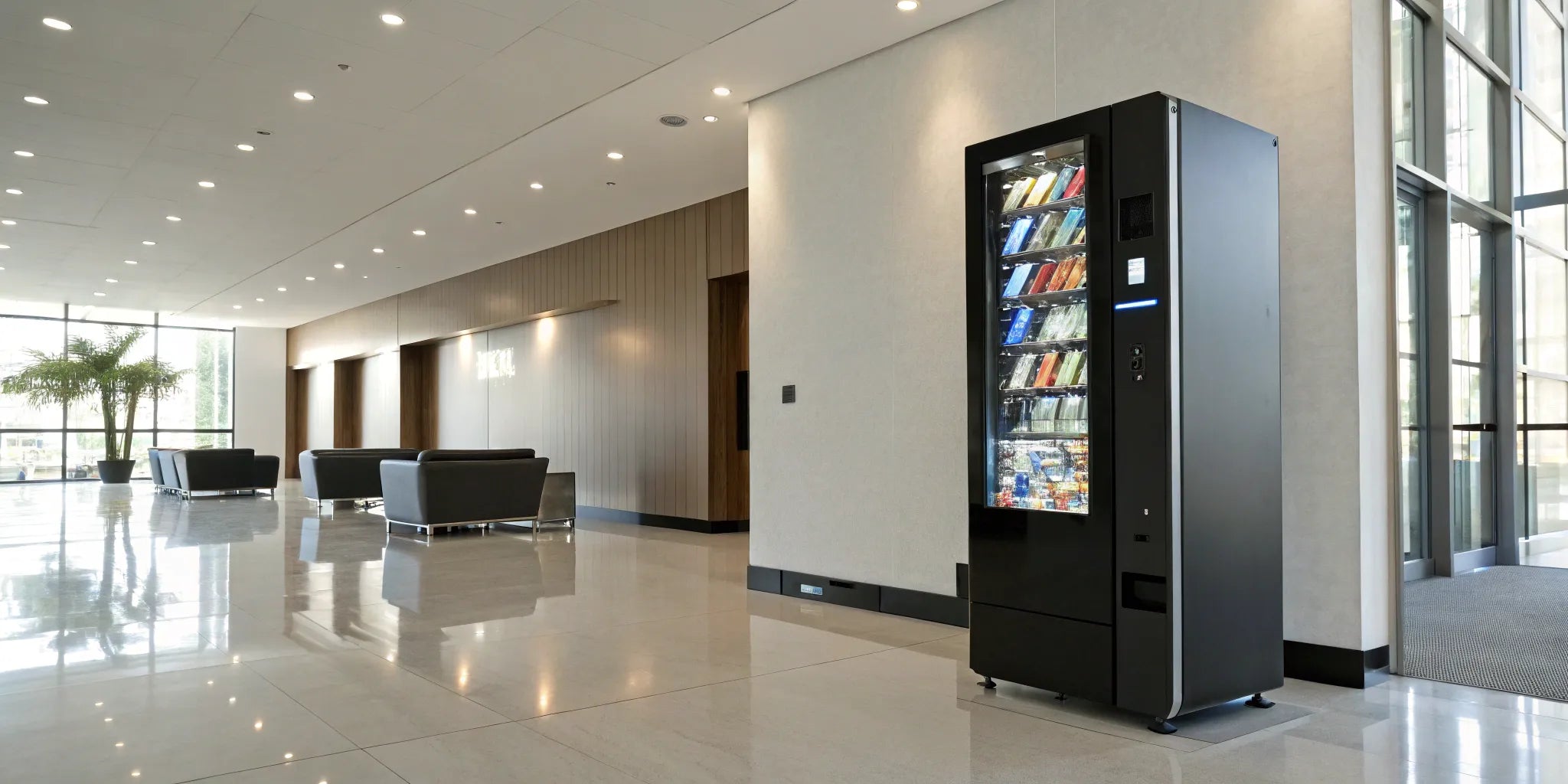 A person makes a selection on a vending machine's interactive touch screen.