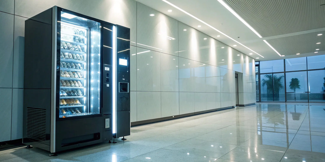 AI vending machine in a modern building lobby with smart shelves and a digital interface.