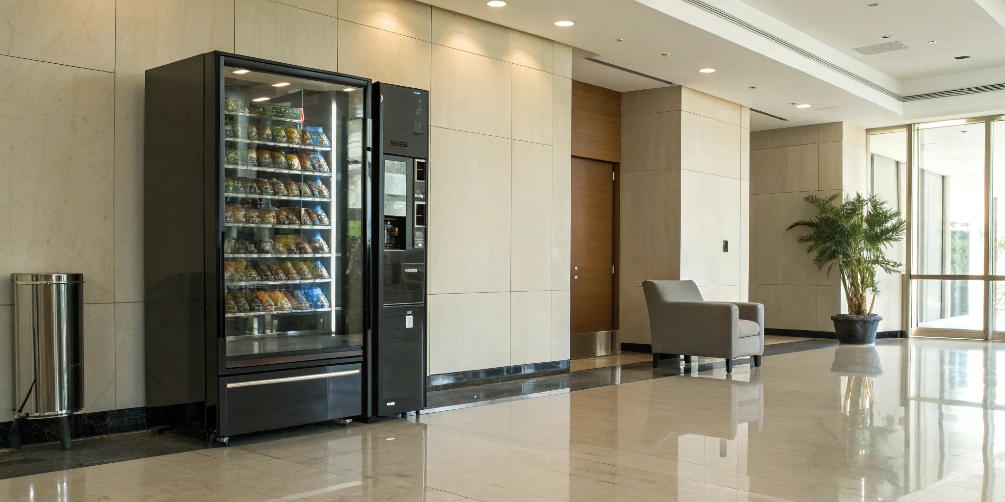 A modern vending machine in an office, a smart investment for a business buying new machines.