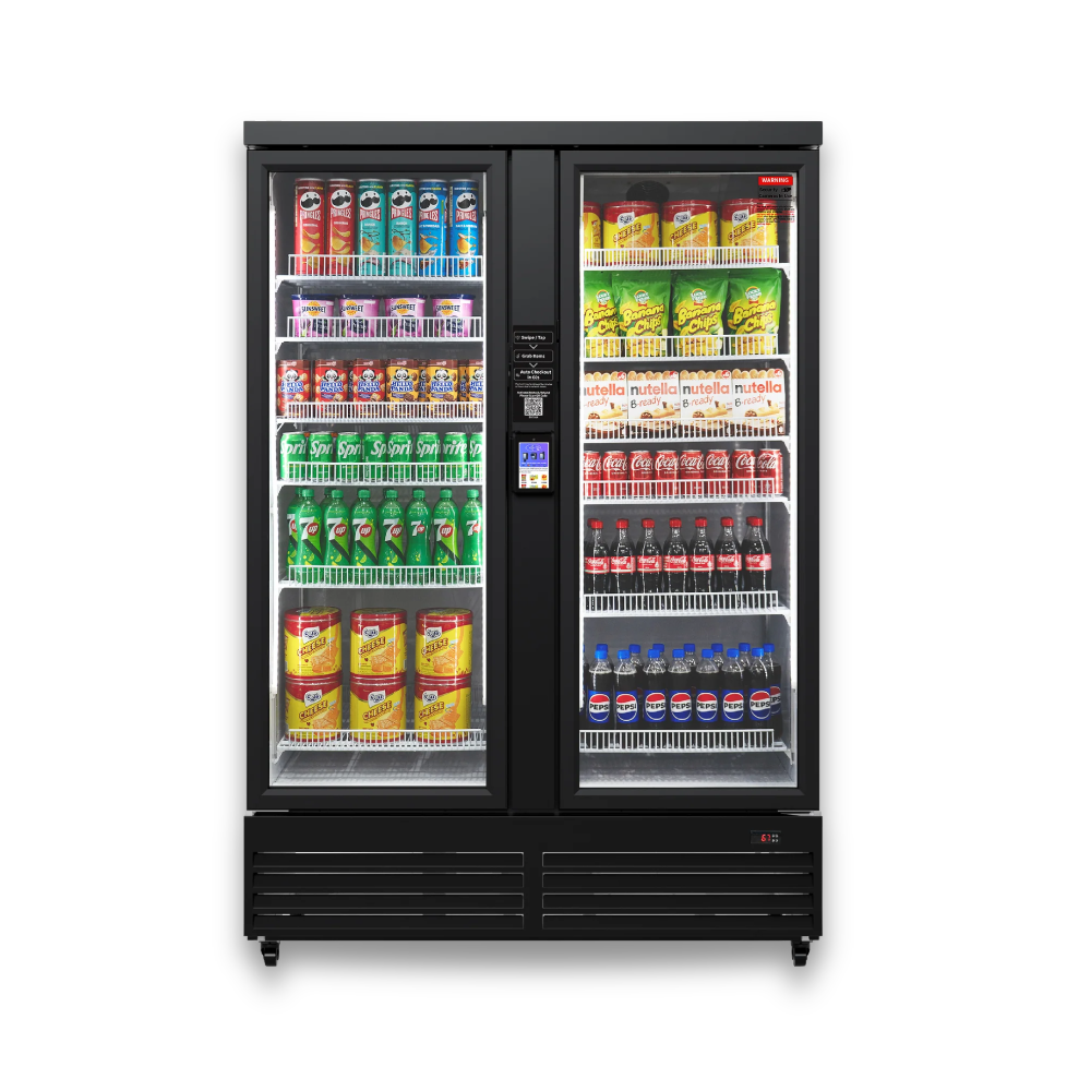 Black dual-door vending machine with clear glass fronts displaying assorted drinks, snacks, and food items.