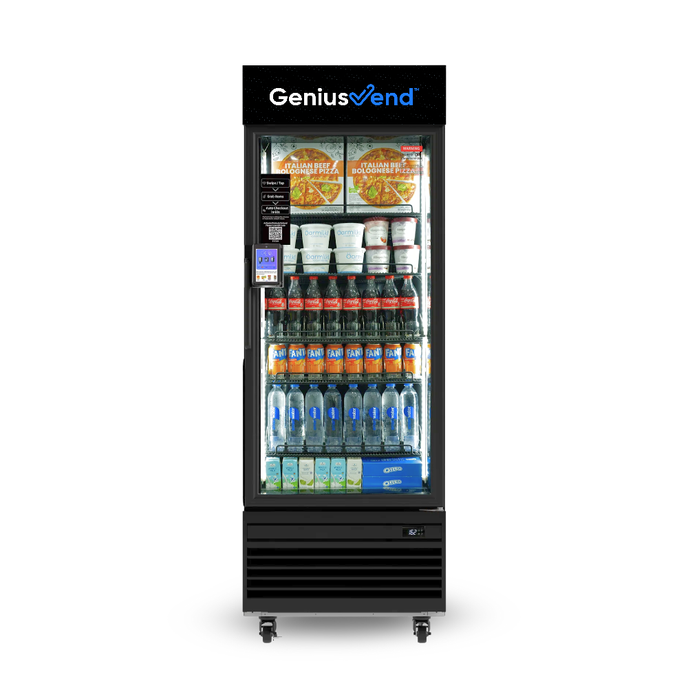 GeniusVend smart fridge stocked with pizzas, drinks, and snacks in a single-door glass display.