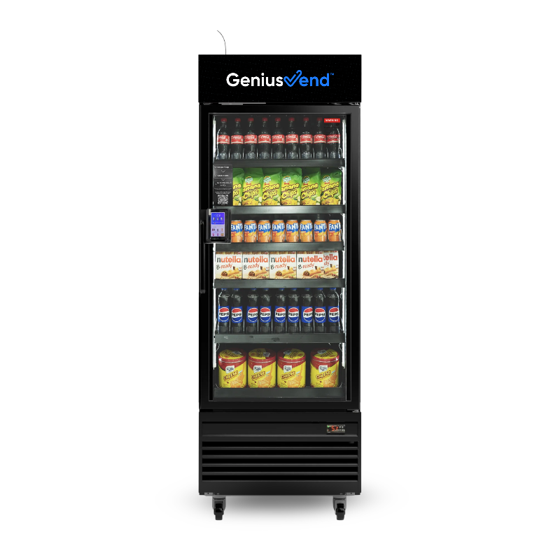Black vending machine with glass door displaying drinks, snacks, and a touchscreen payment panel.