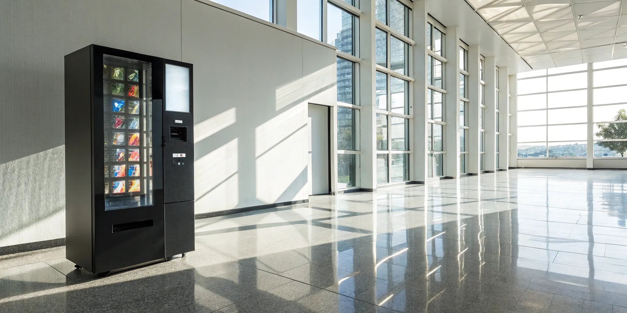A modern vending machine in an office, optimized with vending management software.