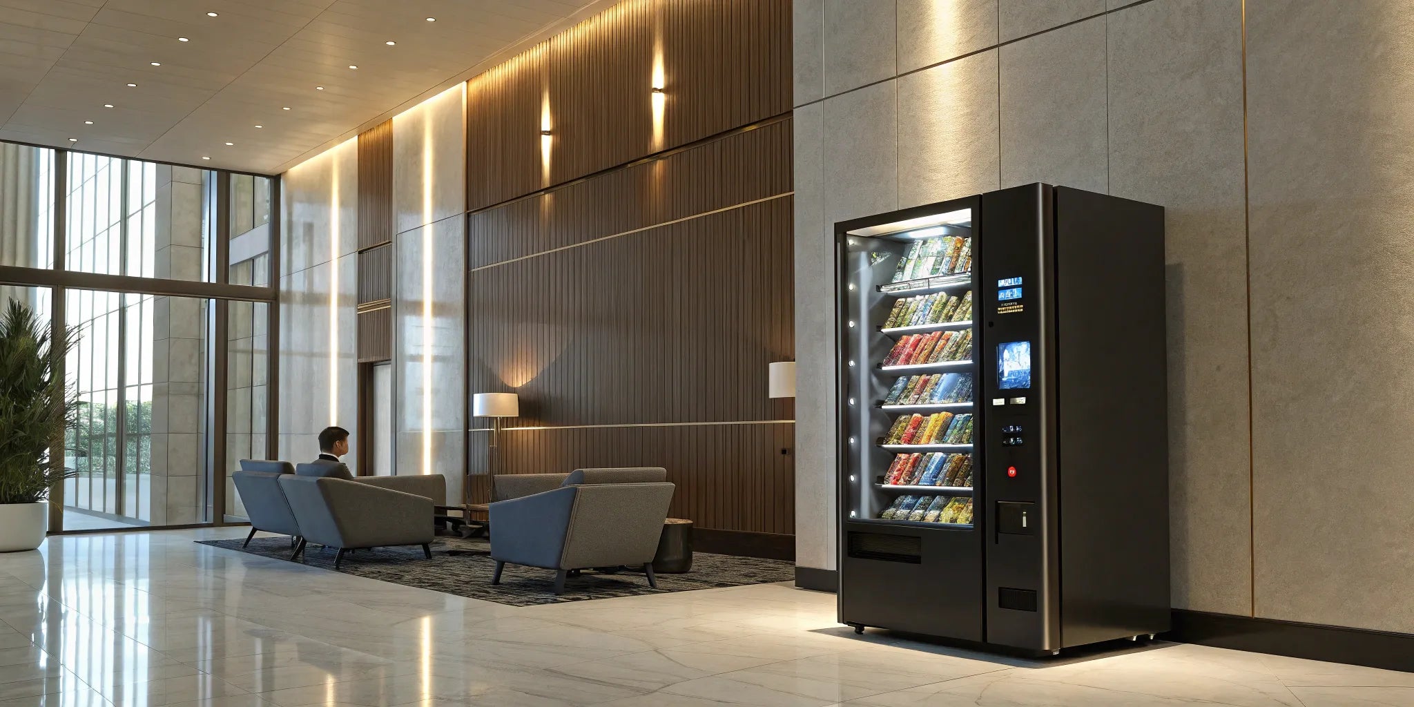 A smart vending machine with a large touchscreen, defining the future of vending machines.