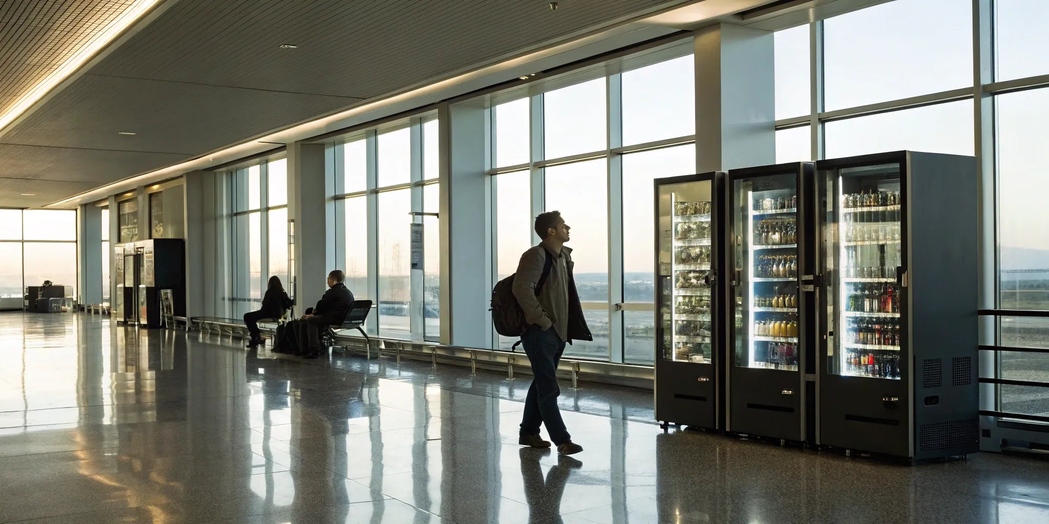A traveler looks at a row of modern airport vending machines offering various products.
