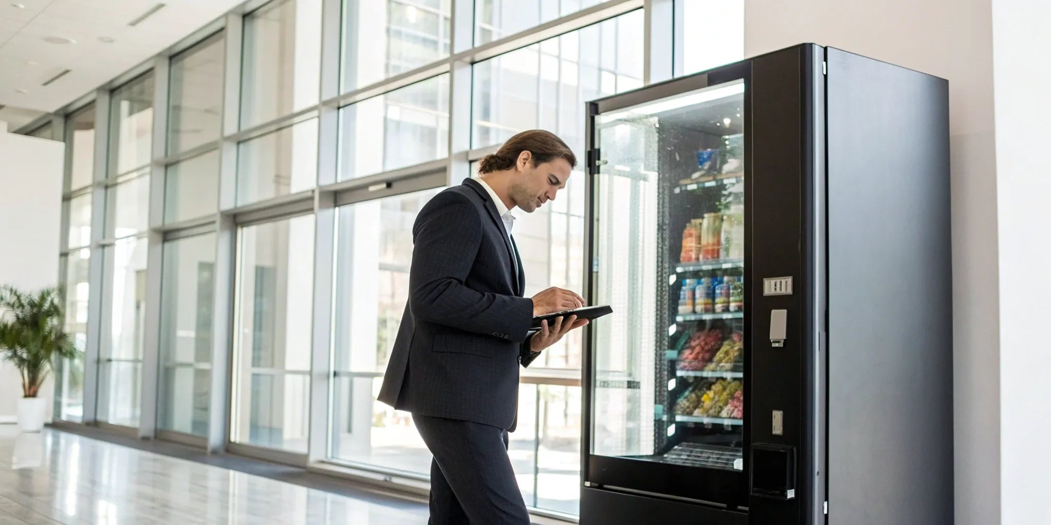 A business owner managing their vending machine business with a tablet.
