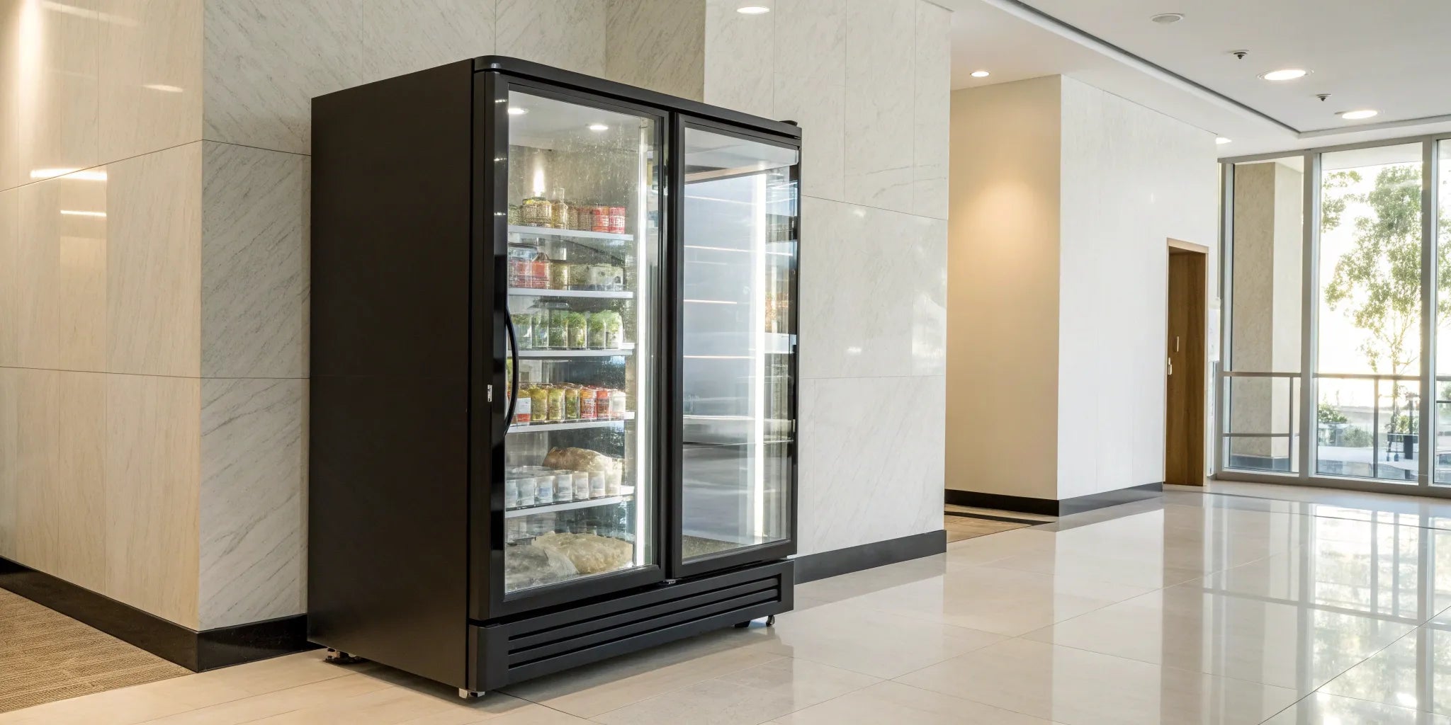 A modern freezer vending machine stocked with frozen meals in an office building.