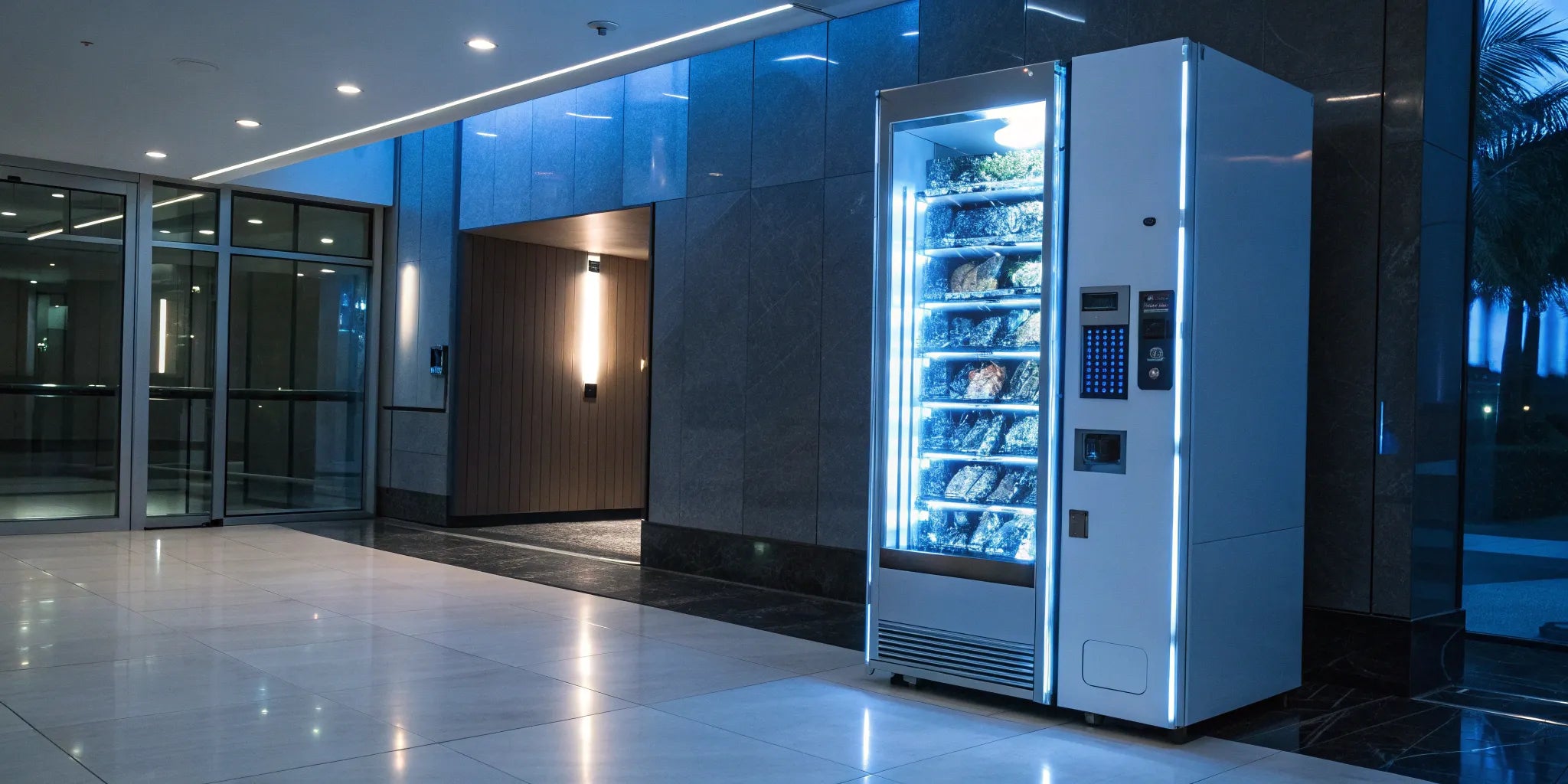 AI smart vending machine with a lit glass display in a modern office lobby.