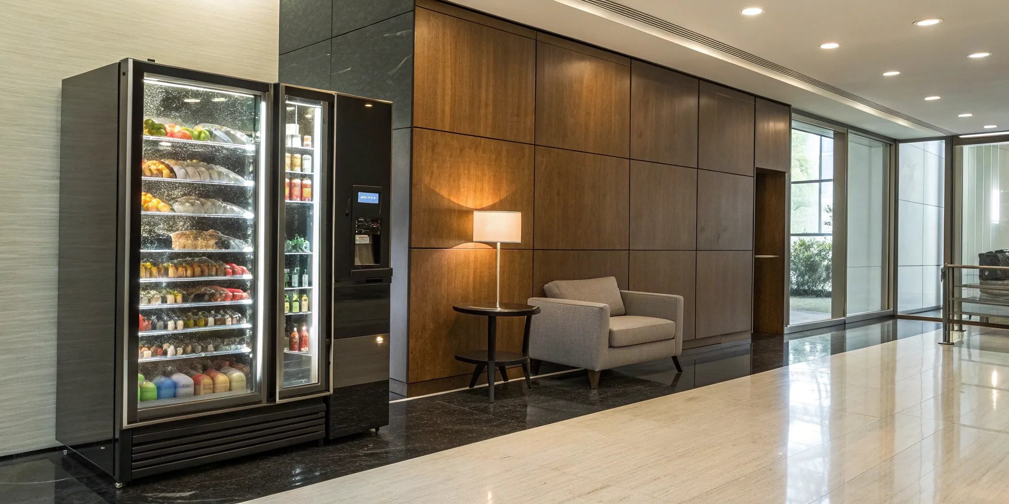 Modern automated food vending machine with a touch screen offering fresh food.