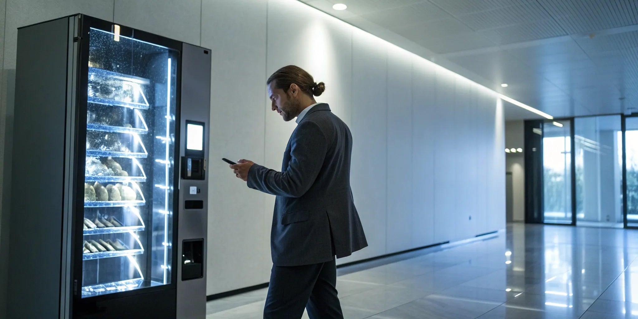 A person making a cashless payment at a vending machine with a smartphone.