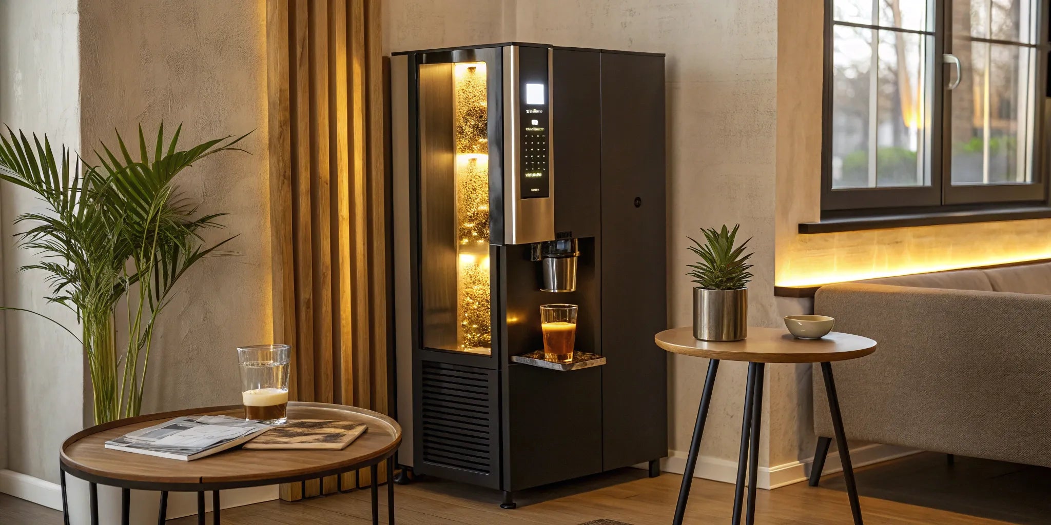 A modern coffee vending machine in an office dispensing a fresh cup of coffee.