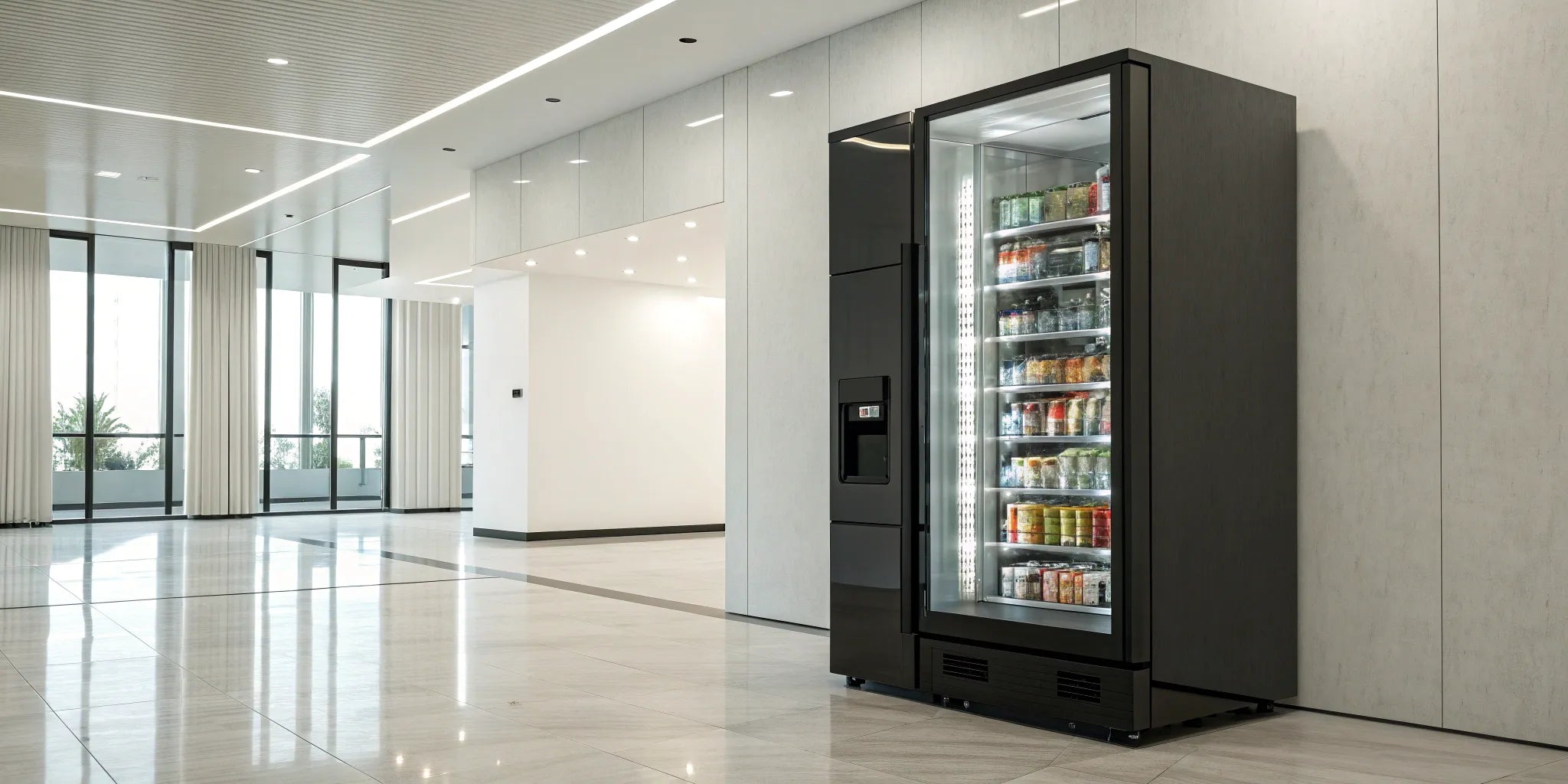 The cost to buy a modern vending machine stocked with snacks and drinks.