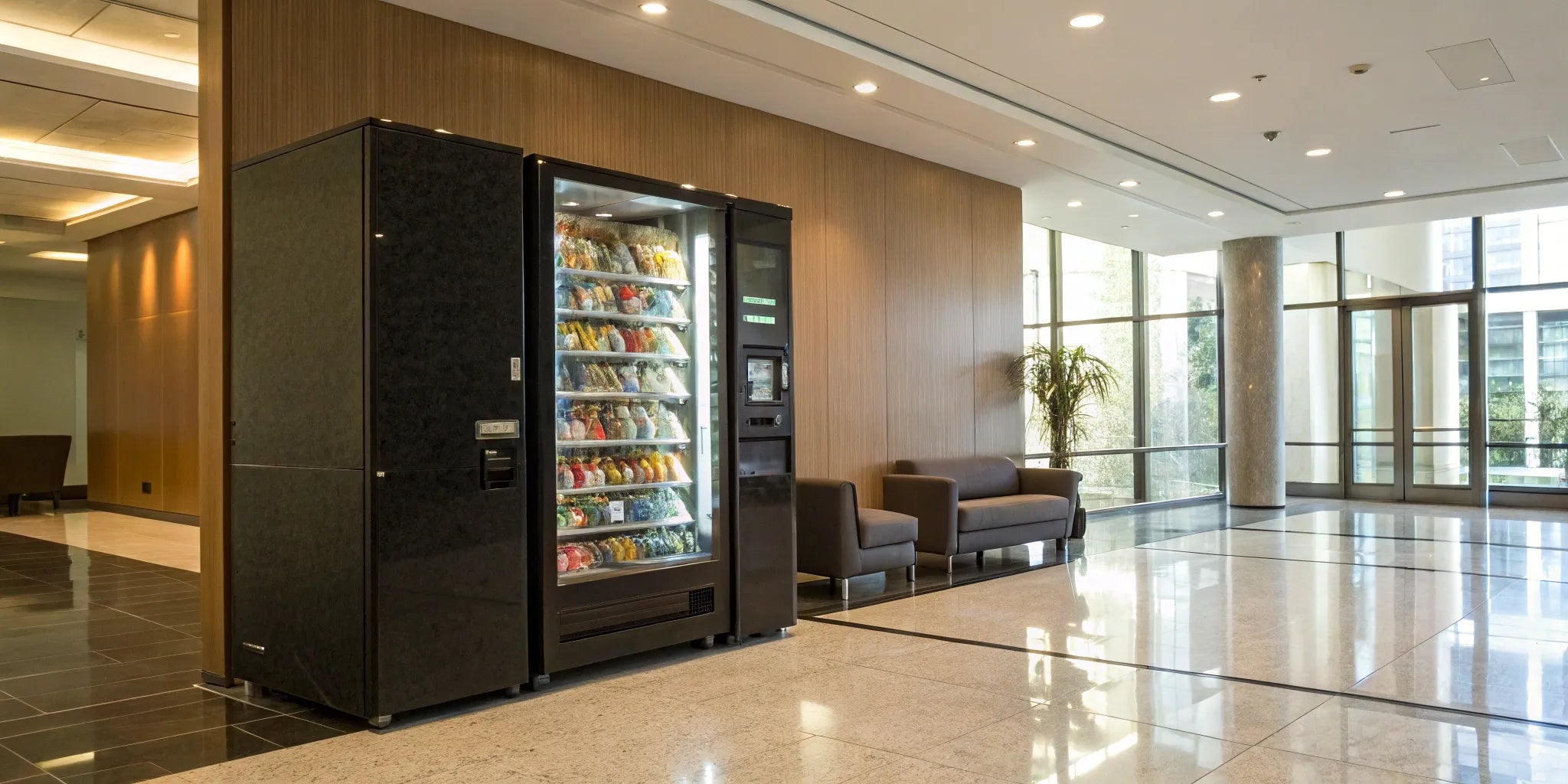 A modern vending machine with smart features that influence the cost to buy.
