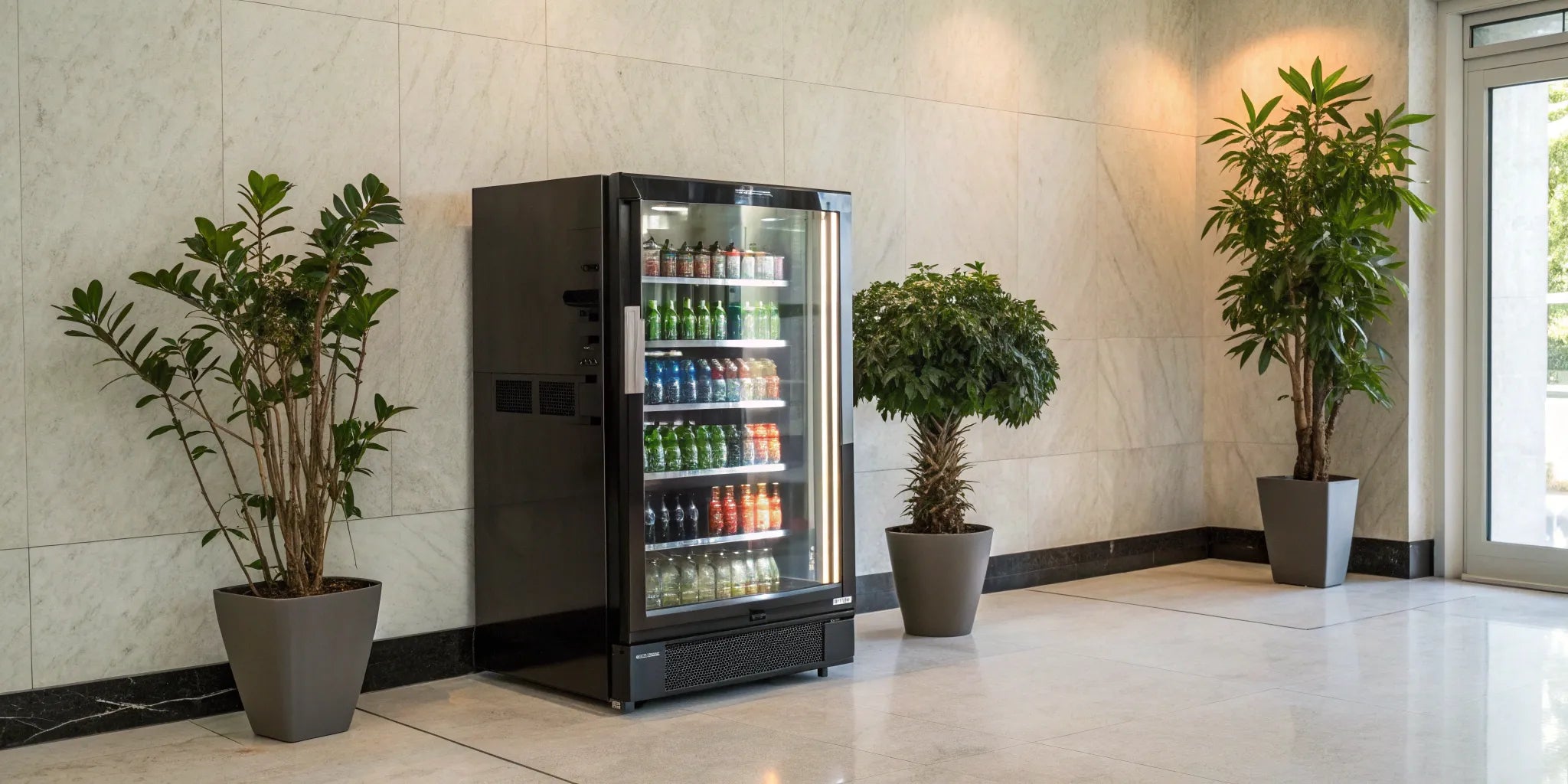 A sleek drink vending machine for sale, stocked with popular beverages in a modern office.
