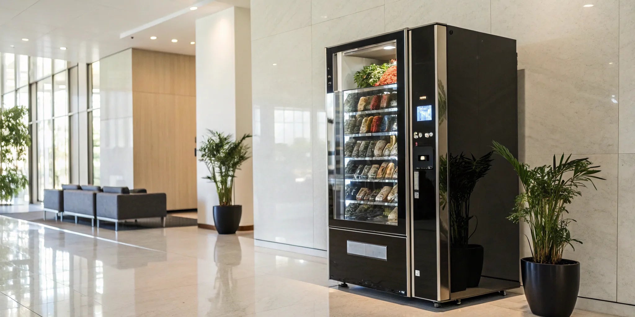 An elevator vending machine in a modern office lobby with snacks and fresh food.