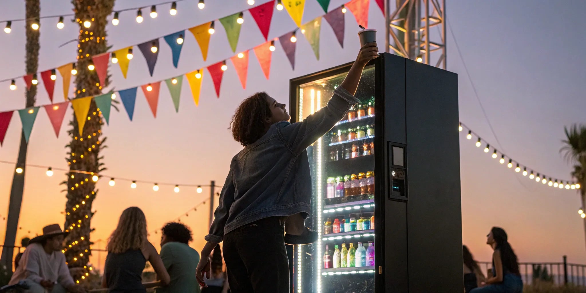 A modern festival vending machine serving customers under string lights.