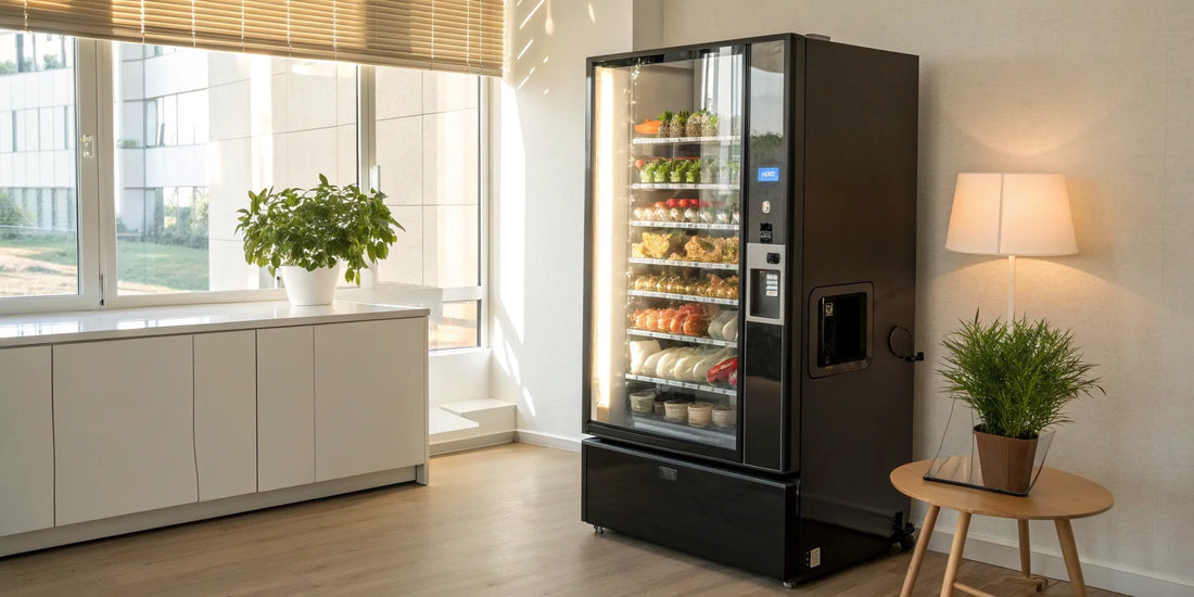 A modern food vending machine stocked with fresh meals, snacks, and drinks.