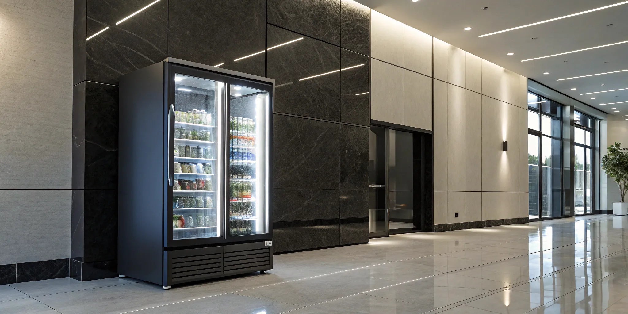 A freezer vending machine stocked with frozen meals and snacks in a modern building.