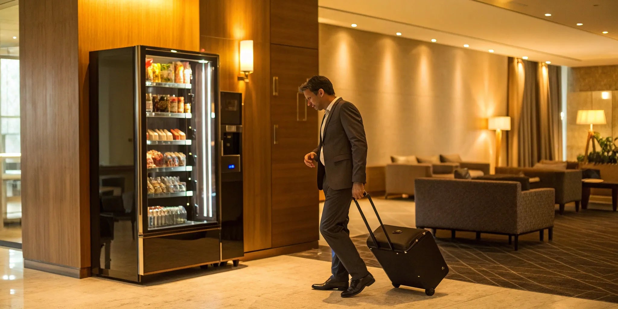 Traveler with a suitcase buying from a modern hotel vending machine.