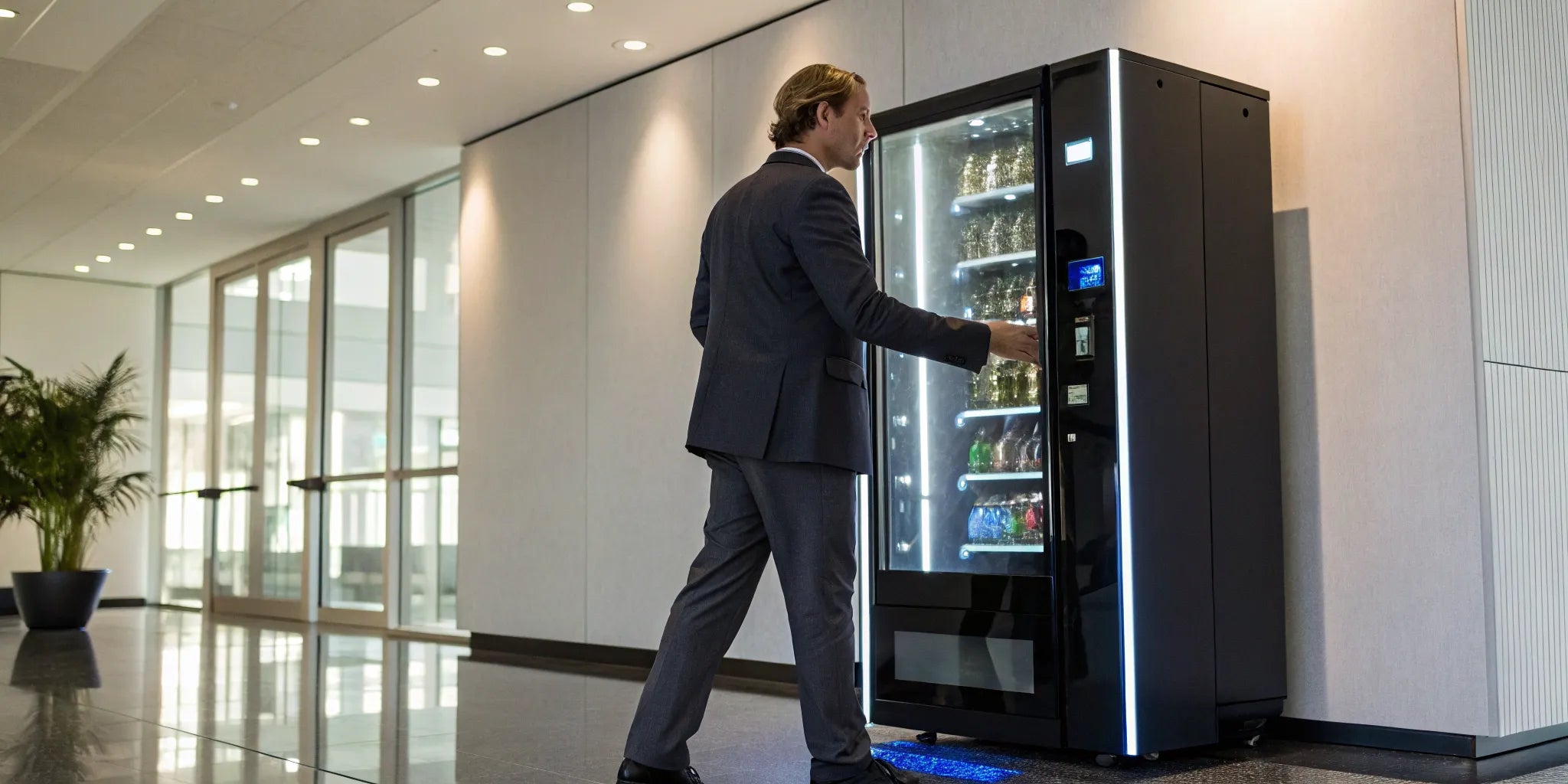 AI vending machine dispenses products.