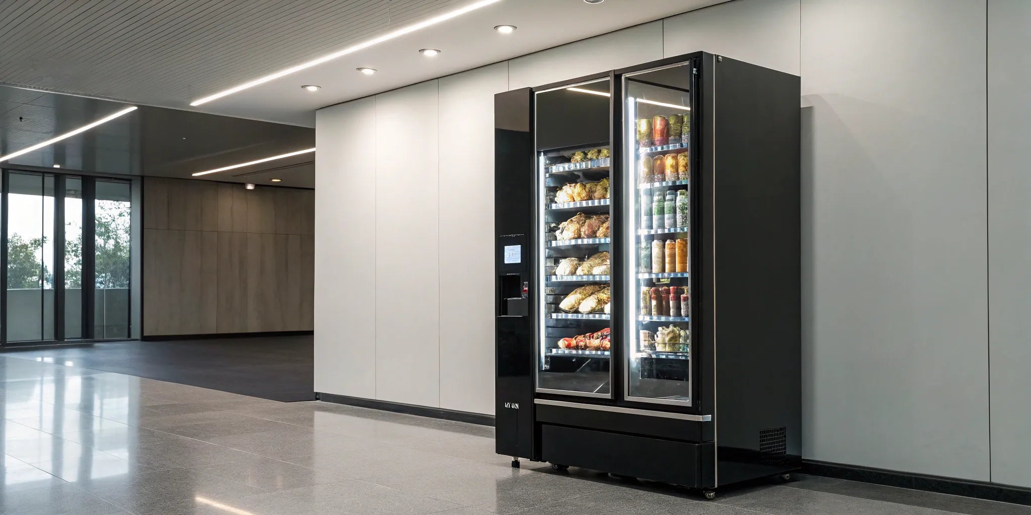 Smart vending machine stocked with various products.