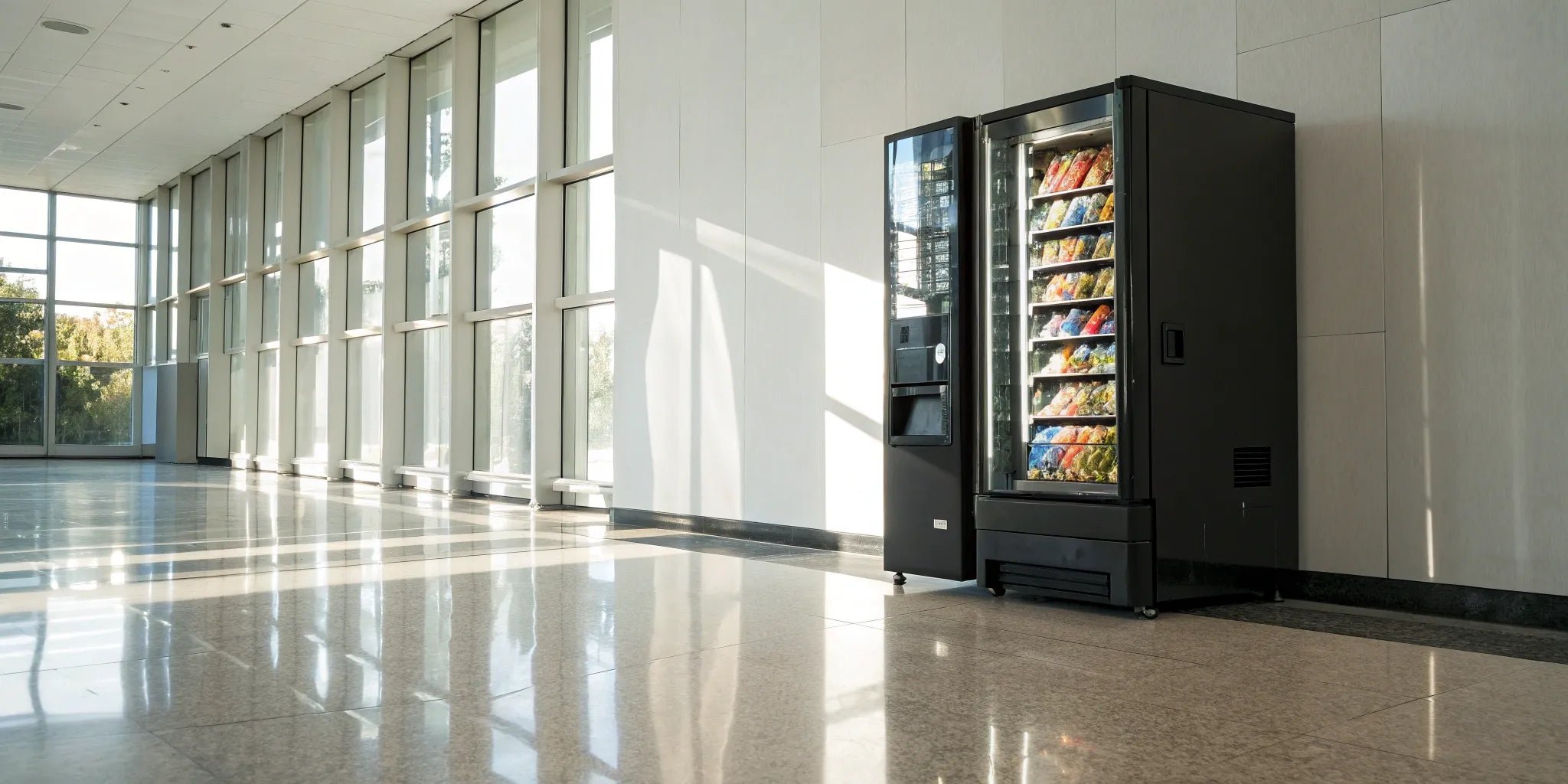 A modern vending machine stocked with snacks, a factor in how much it costs to buy a vending machine.
