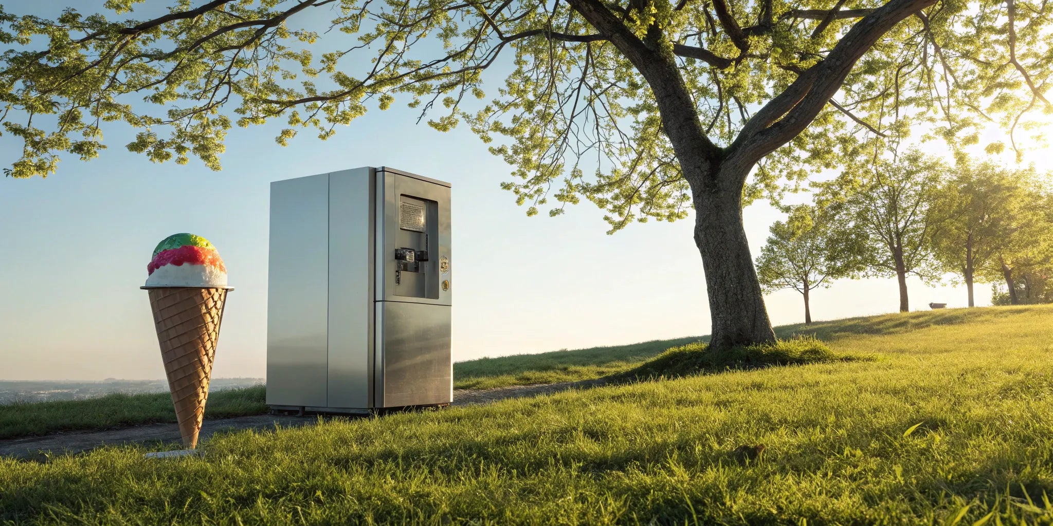 An outdoor ice cream vending machine with a giant ice cream cone display.
