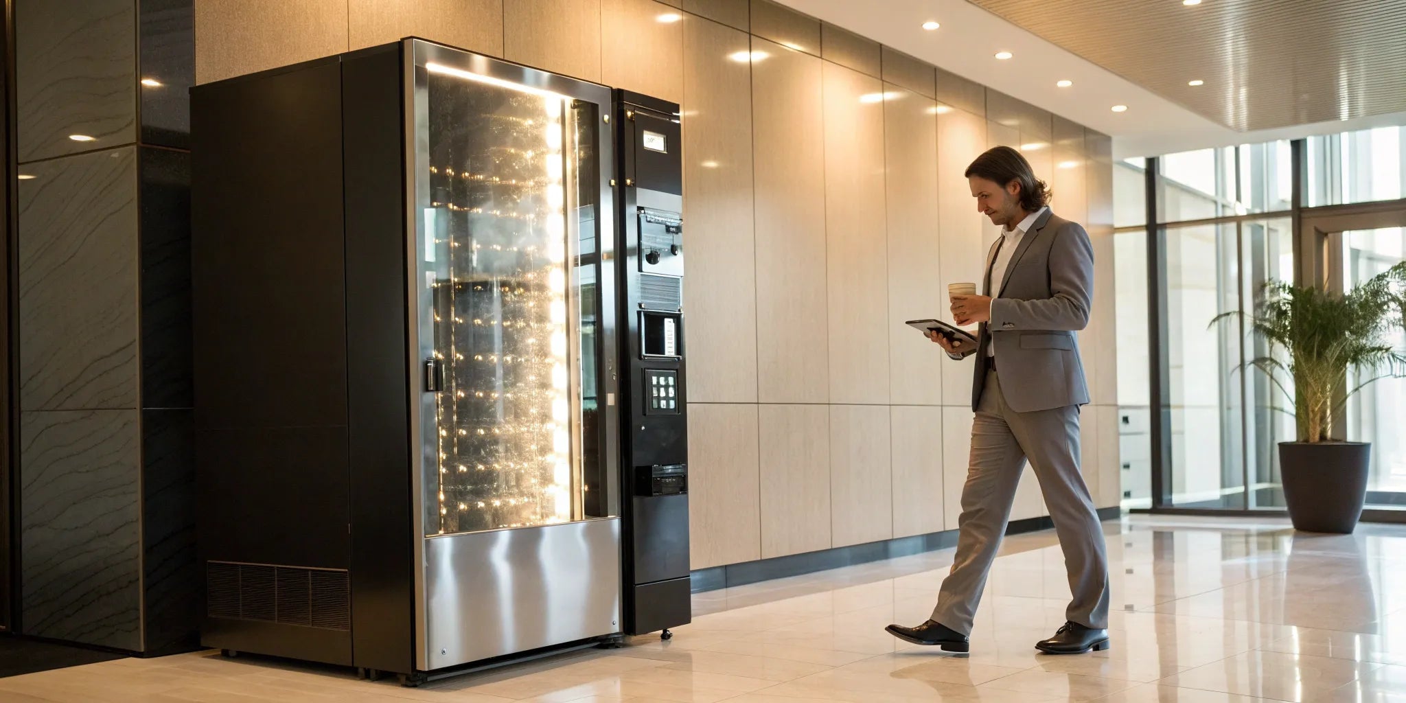 Man considering how to buy a vending machine for a profitable office location.