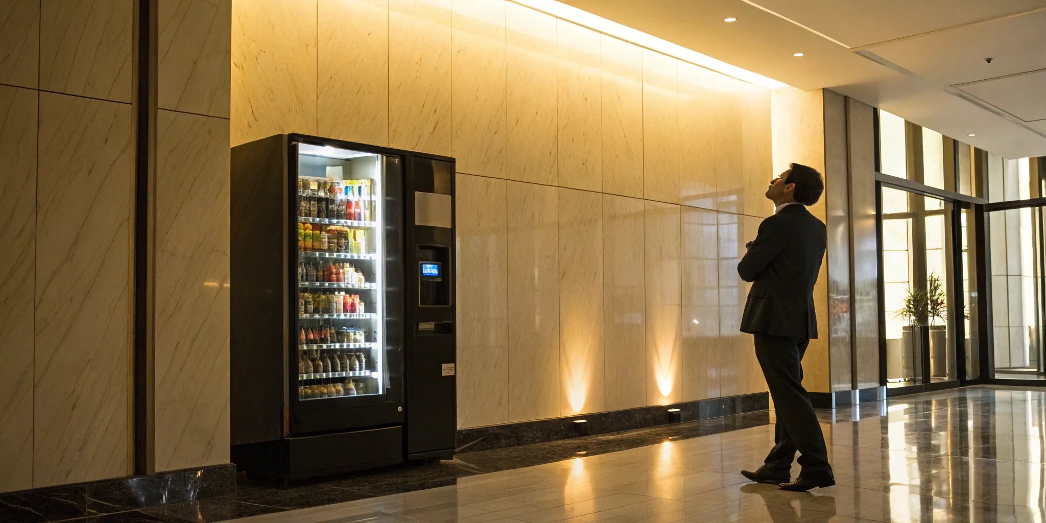 Man evaluating a vending machine before buying the business.