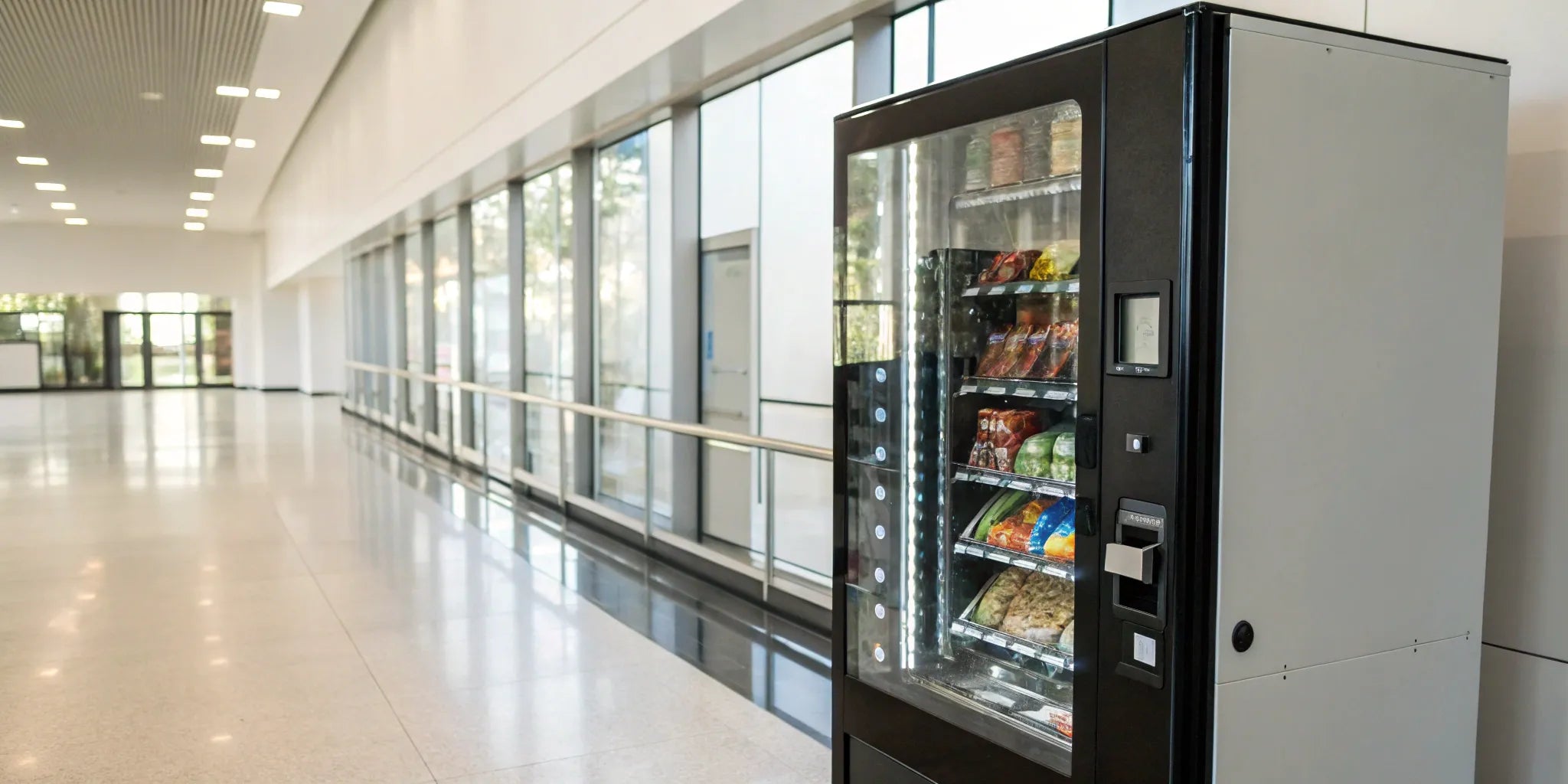 Modern vending machine stocked with snacks and drinks.