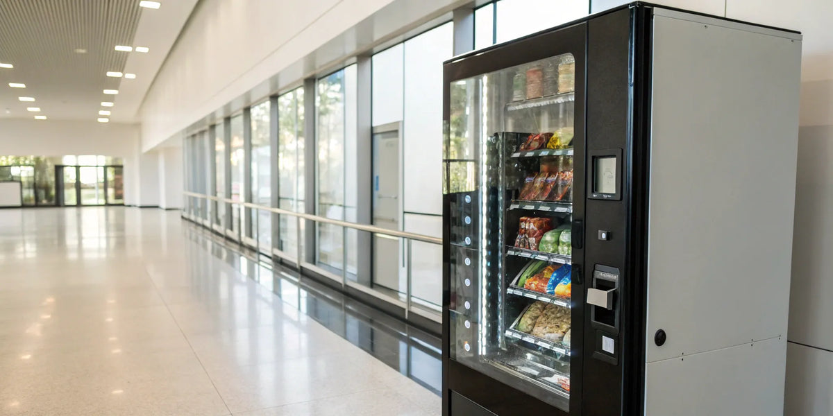 Modern vending machine stocked with snacks and drinks.