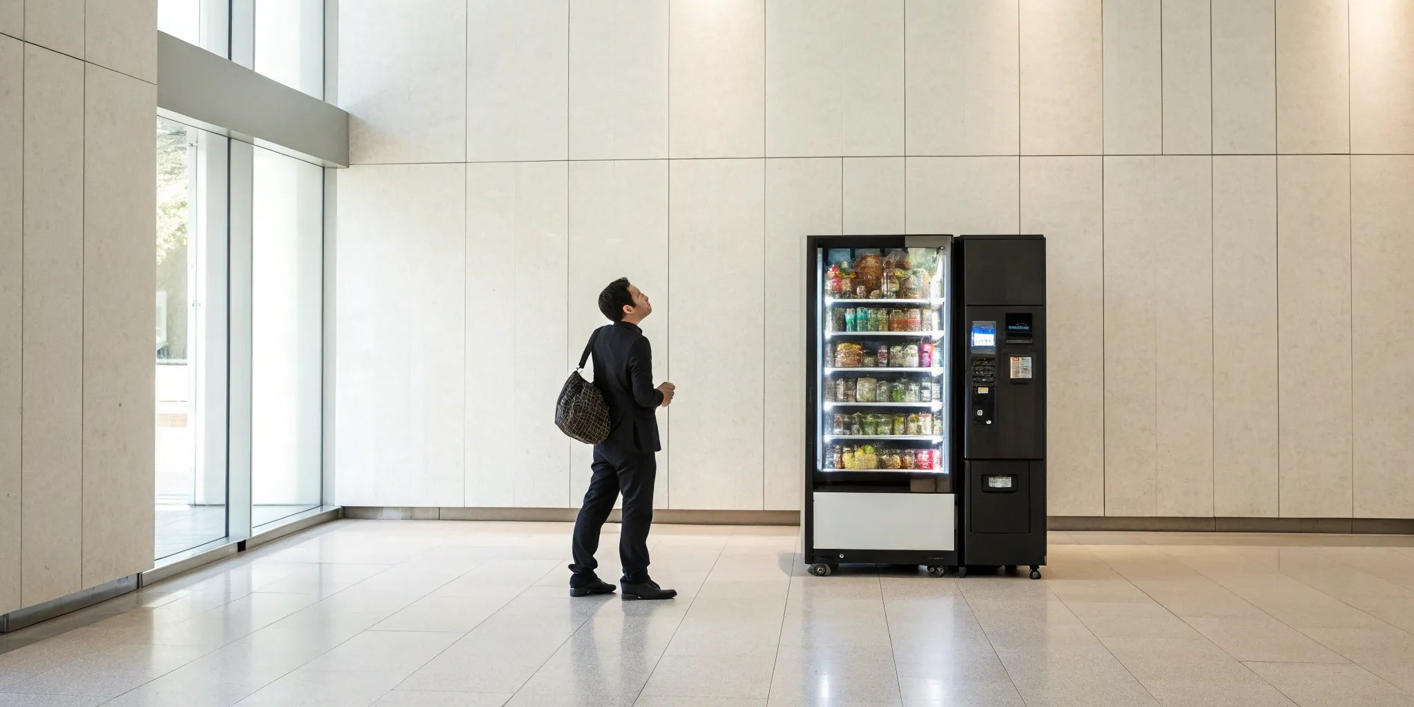 A man deciding which vending machine to buy for his office location.