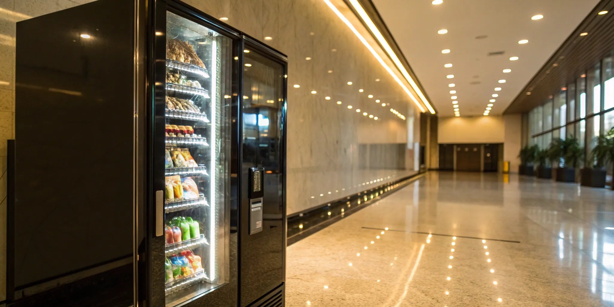 Modern vending machine stocked with snacks and drinks.
