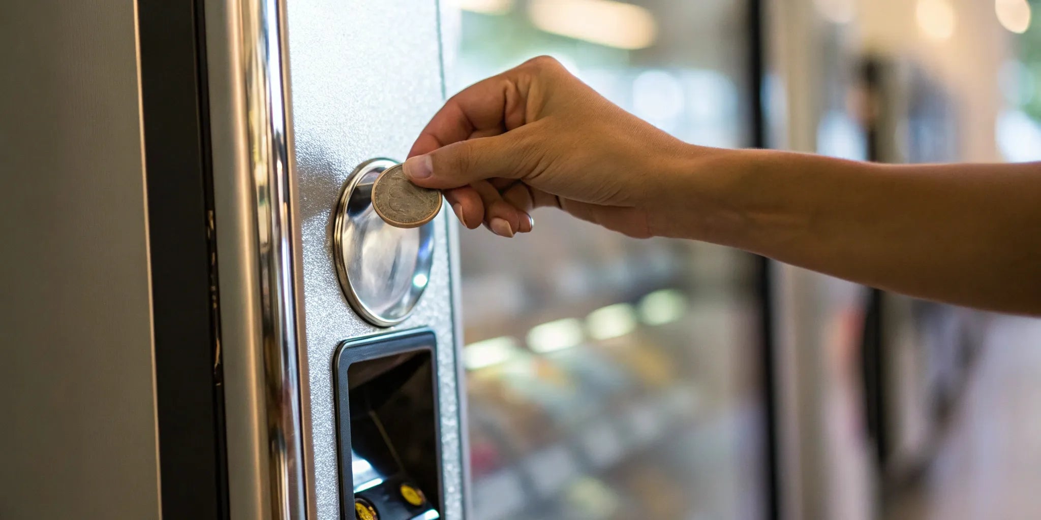 A hand inserting a coin into one of the cheap vending machines you can buy.
