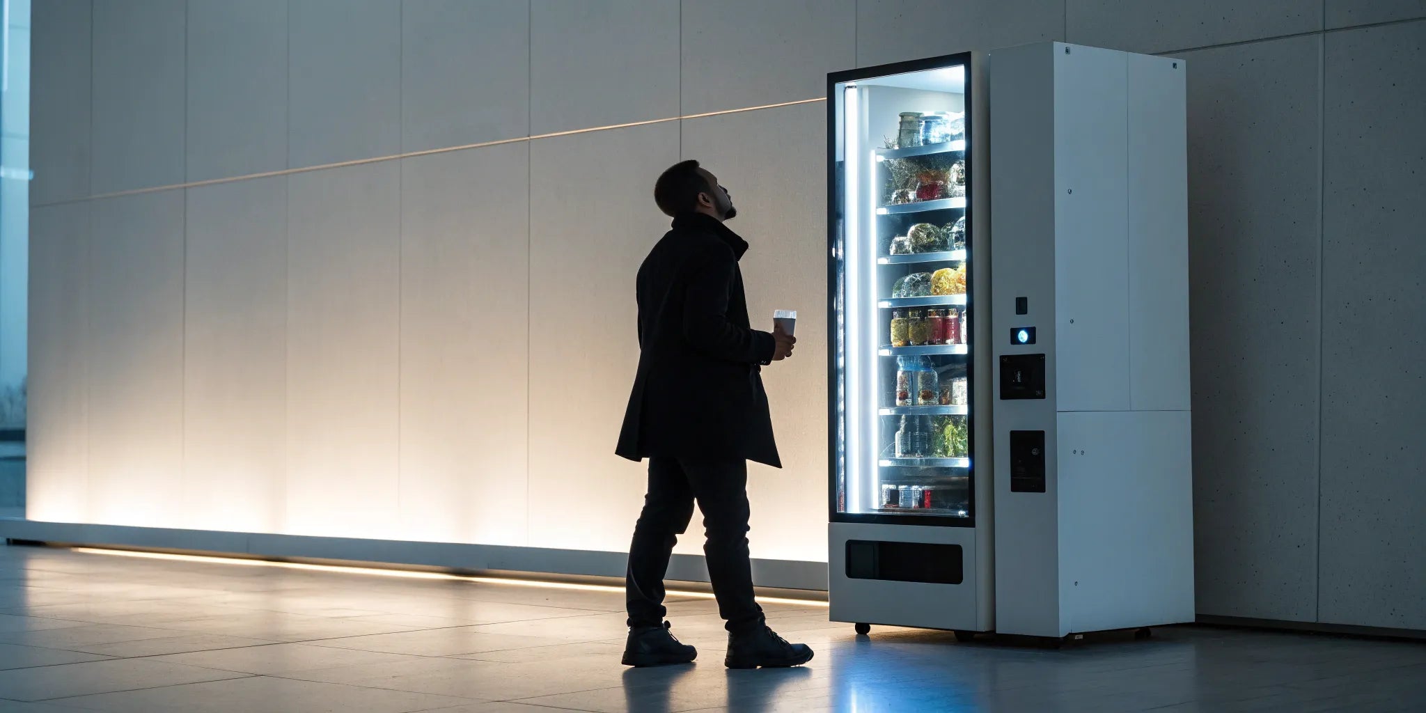 A customer selects a snack and drink from a combo vending machine.