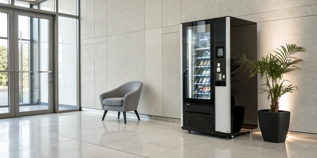 A new smart vending machine for sale stocked with snacks and drinks in an office.