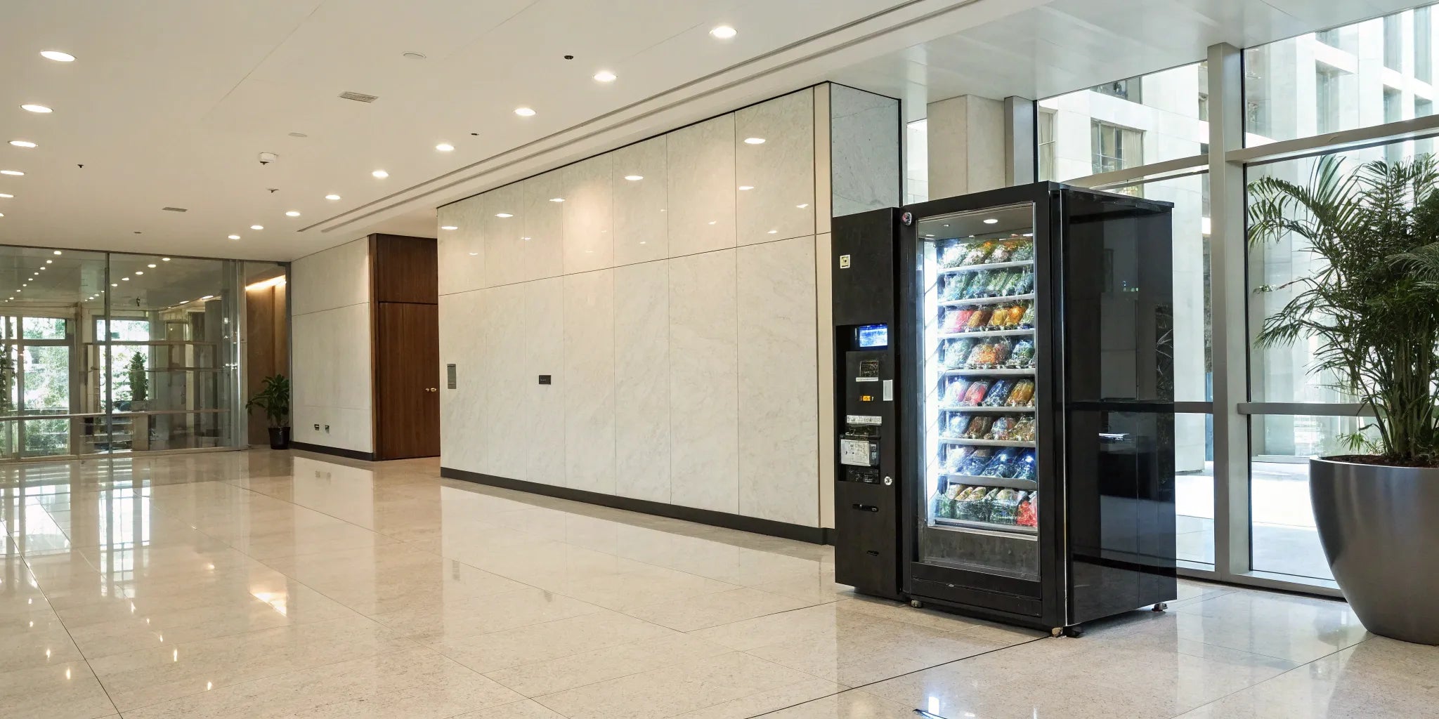 Modern smart vending machine for sale, stocked with snacks and drinks for an office.