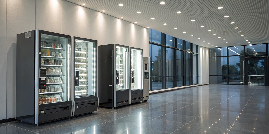 A selection of modern vending machines for sale near me in a business lobby.