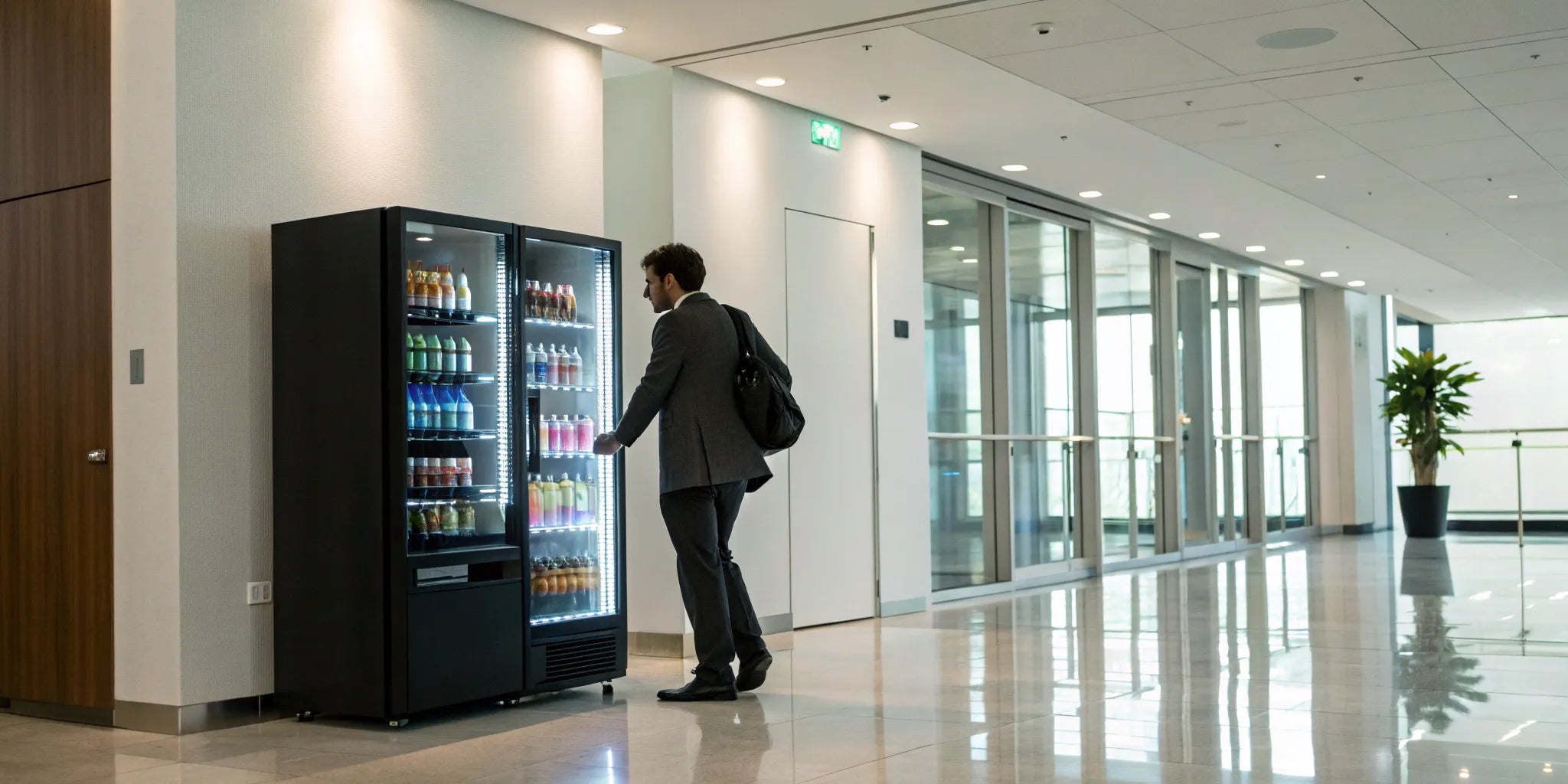 Businessman buying a drink from a beverage vending machine in an office.