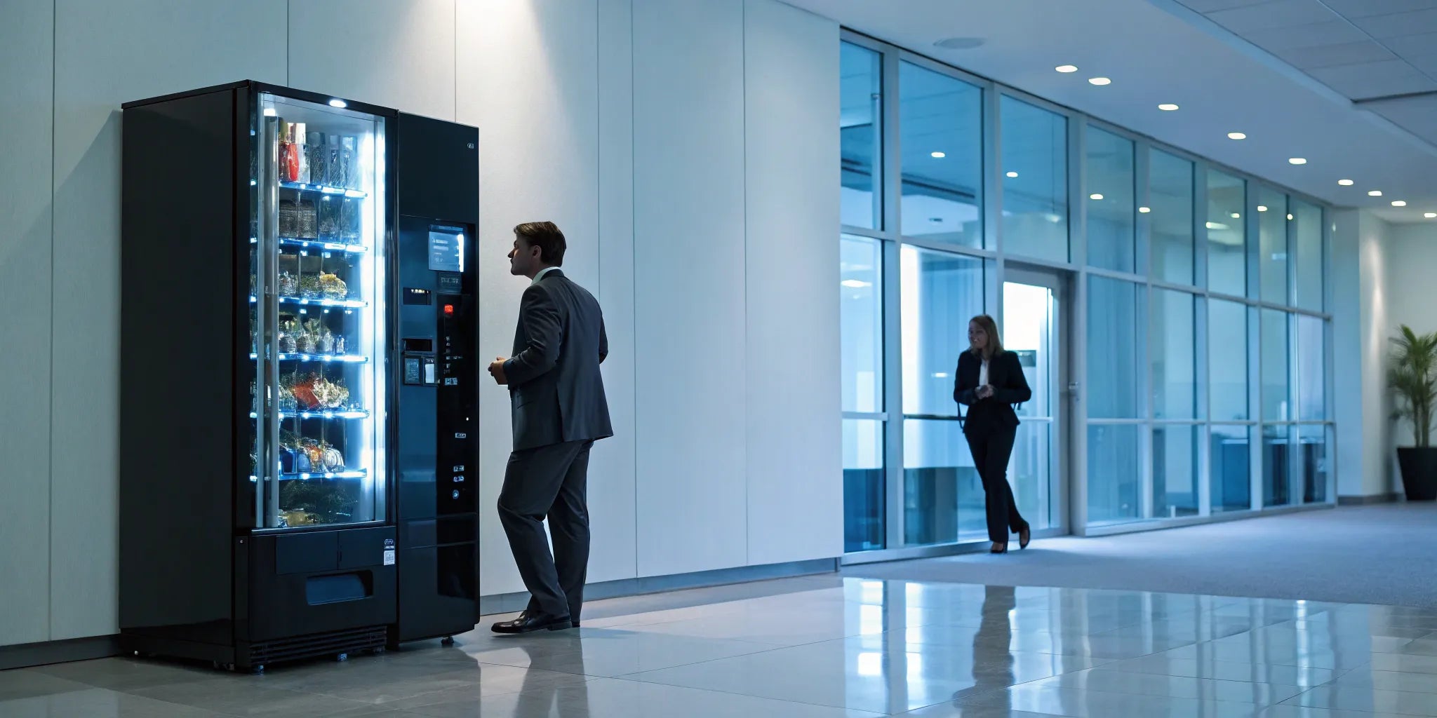 A modern vending machine in an office, a profitable location for starting a vending machine business.