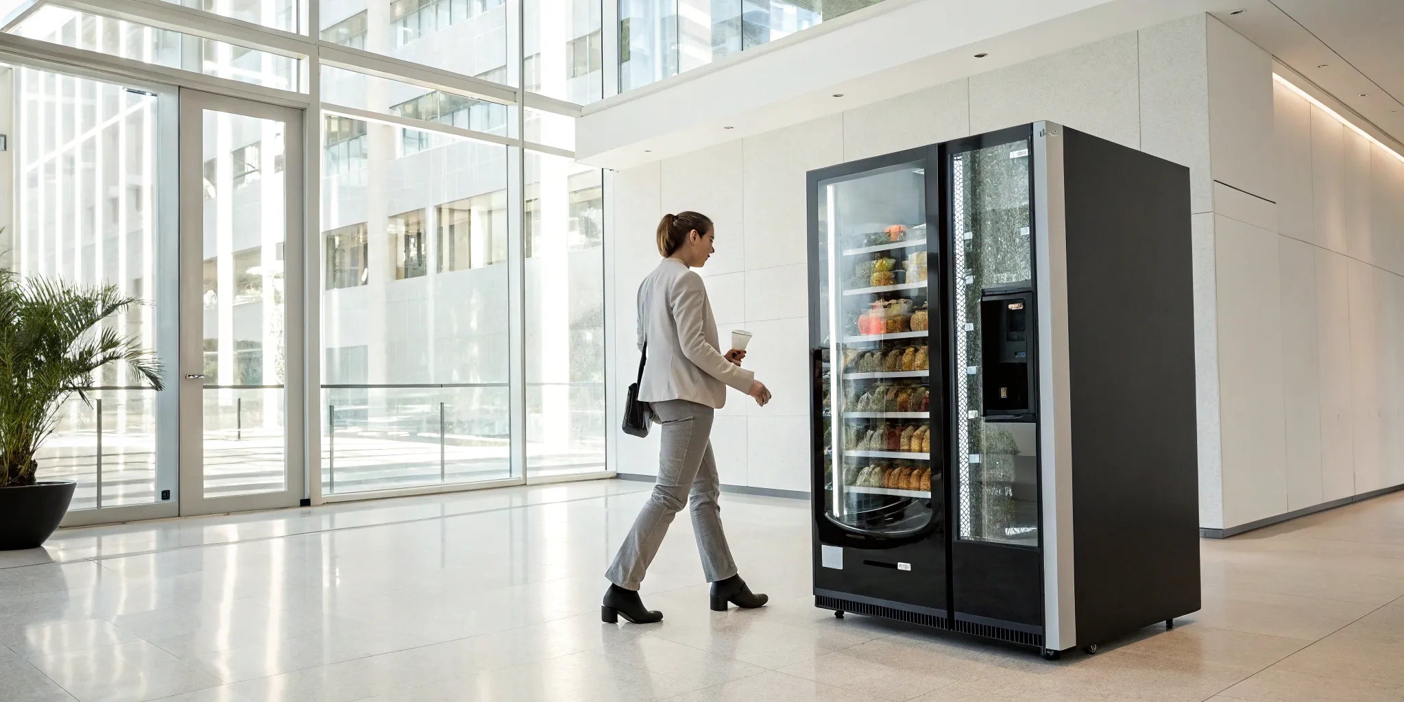 Businesswoman making a purchase at an auto vending machine in a modern office.
