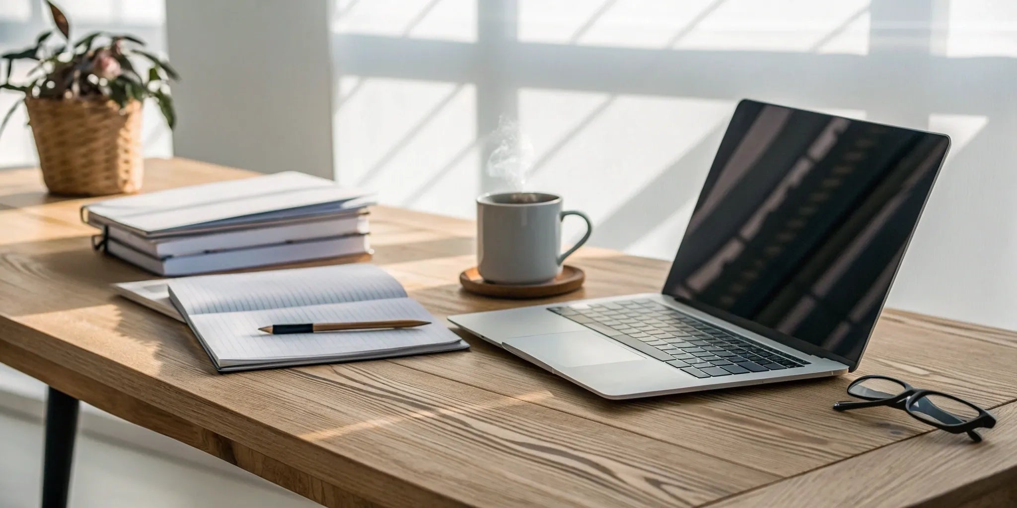 Writing a vending machine business plan on a laptop with a notebook and coffee.