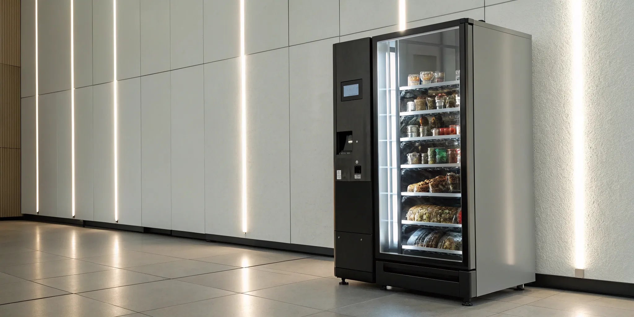 A smart locker vending machine offering fresh food and drinks in a modern building.