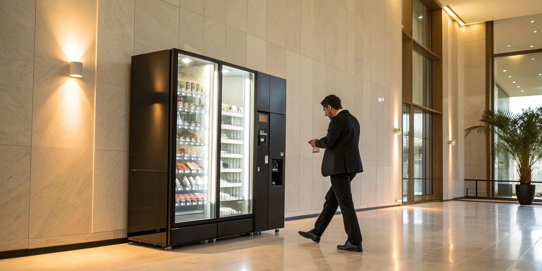 A pharmacy vending machine in an office lobby offering 24/7 access to prescriptions and health products.