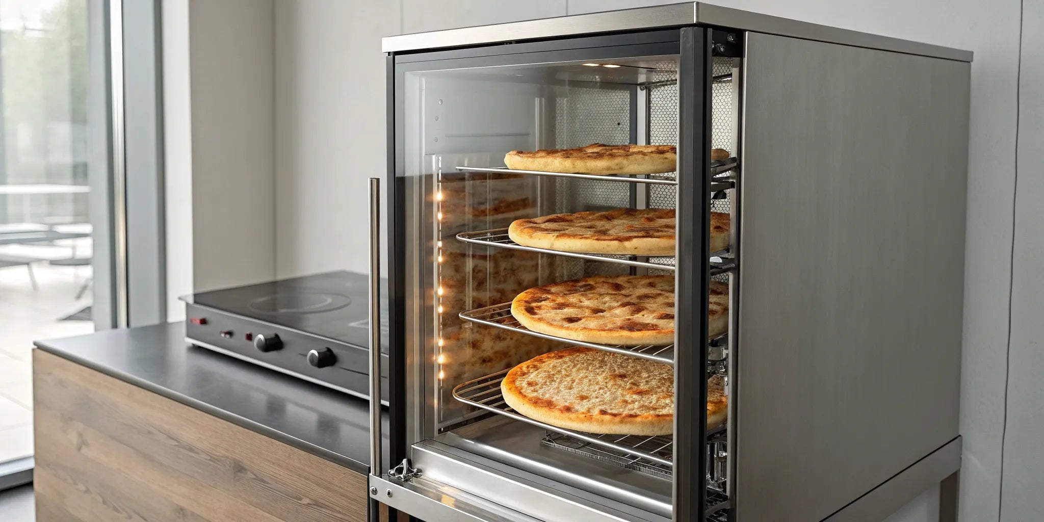 A pizza vending machine displaying fresh pizzas through a glass window.